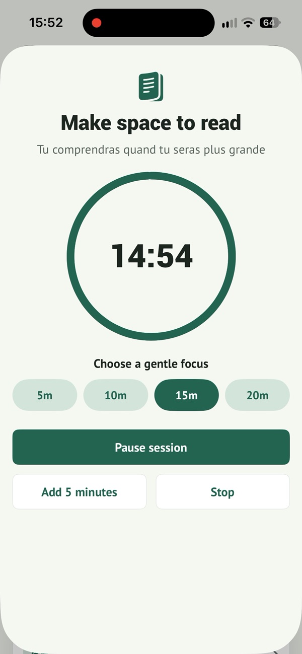 Minuteur de lecture dans Read Today, séance de quinze minutes