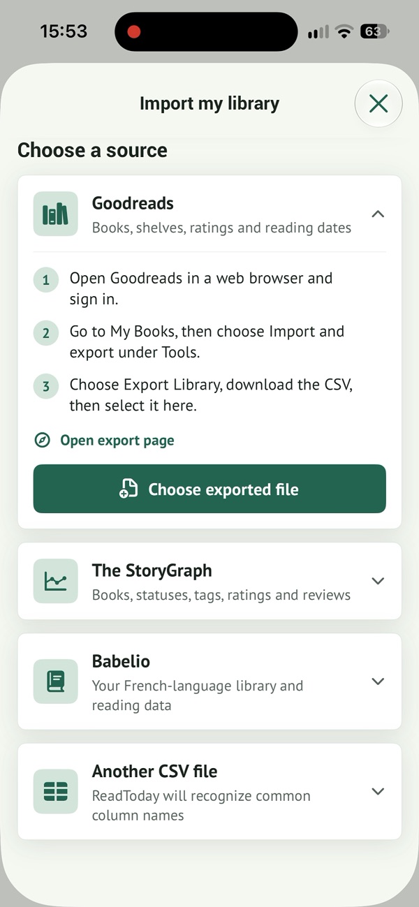 Écran d’import avec Goodreads, The StoryGraph, Babelio et CSV